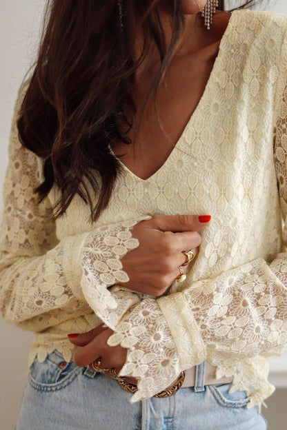 Cream Lace Detail V-Neck Long Sleeve Blouse | Casual Fashion