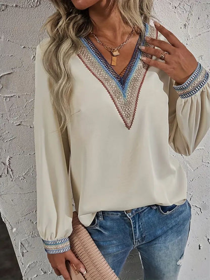 Contrast V-Neck Long Sleeve Blouse | Hippie Boho Blouses | Fall Blouses