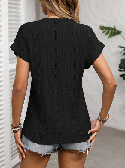 Openwork V-Neck Short Sleeve T-Shirt | Spring Blouse