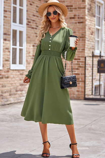 Smocked V-Neck Flounce Sleeve Midi Dress | Casual Dress