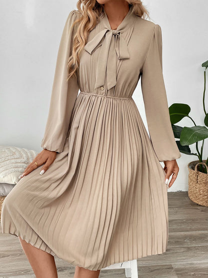 Beige Pleated Tie Neck Long Sleeve Dress | Casual Dress | Fall Fashion