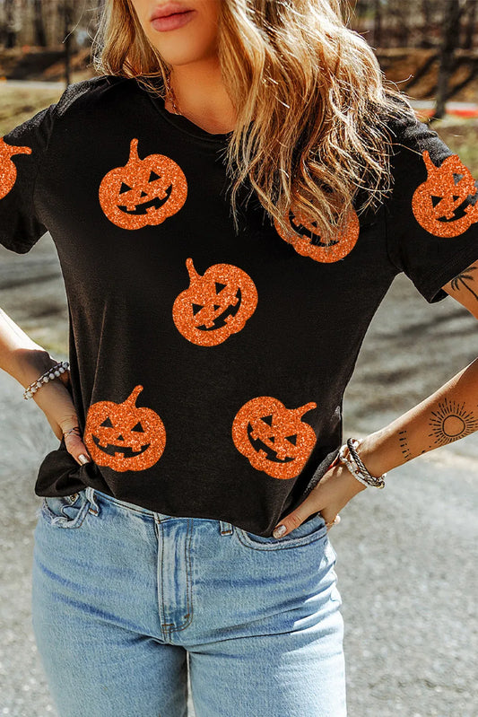 Glitter Jack-O'-Lantern Round Neck Short Sleeve T-Shirt | Halloween Shirt