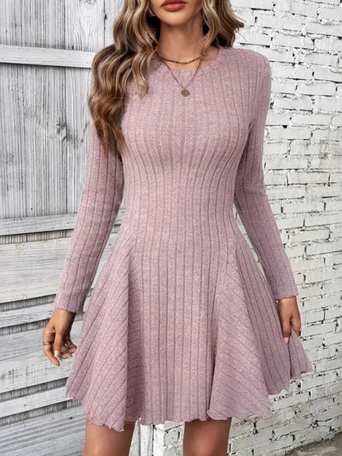 Dusty Pink Ribbed Round Neck Long Sleeve Mini Dress | Casual Dresses