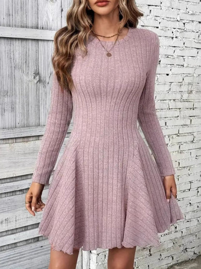 Dusty Pink Ribbed Round Neck Long Sleeve Mini Dress | Casual Dresses