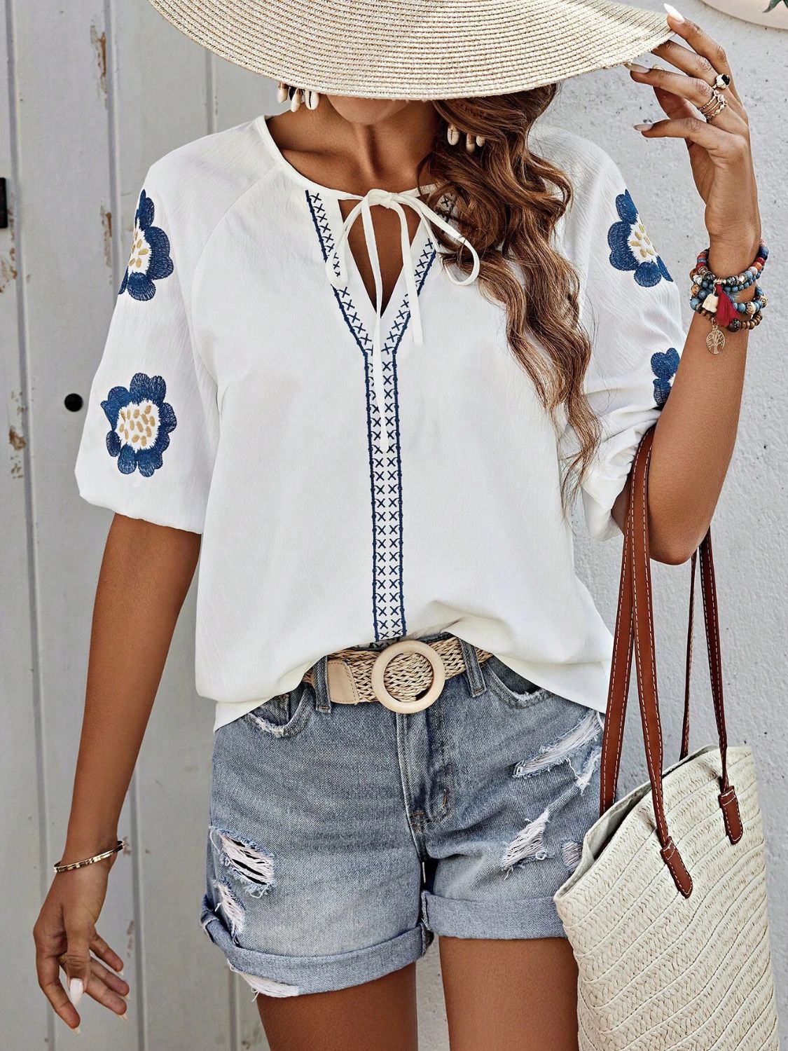 Embroidered Flower Tie Neck Puff Sleeve Blouse | Spring Blouses | Summer Blouses