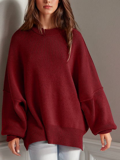 Oversized Side Slit Round Neck Long Sleeve Sweater