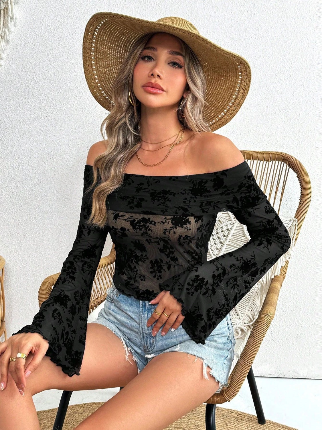 Black Off-Shoulder Flare Sleeve Lace Top | Lace Blouses