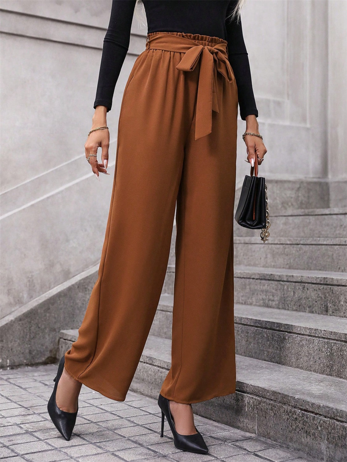 Tied Caramel Colored Wide Leg Pants