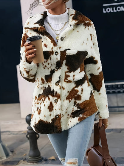 Cow Print Collared Neck Button Up Fuzzy Jacket | Winter Fashion | Trending Jackets