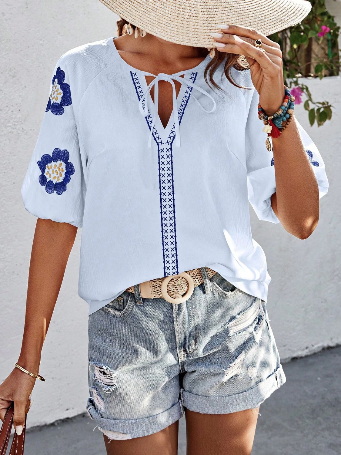 Embroidered Flower Tie Neck Puff Sleeve Blouse | Spring Blouses | Summer Blouses