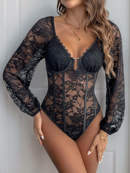 Lace V-Neck Long Sleeve Bodysuit | Sheer Bodysuits | Winter Fashion