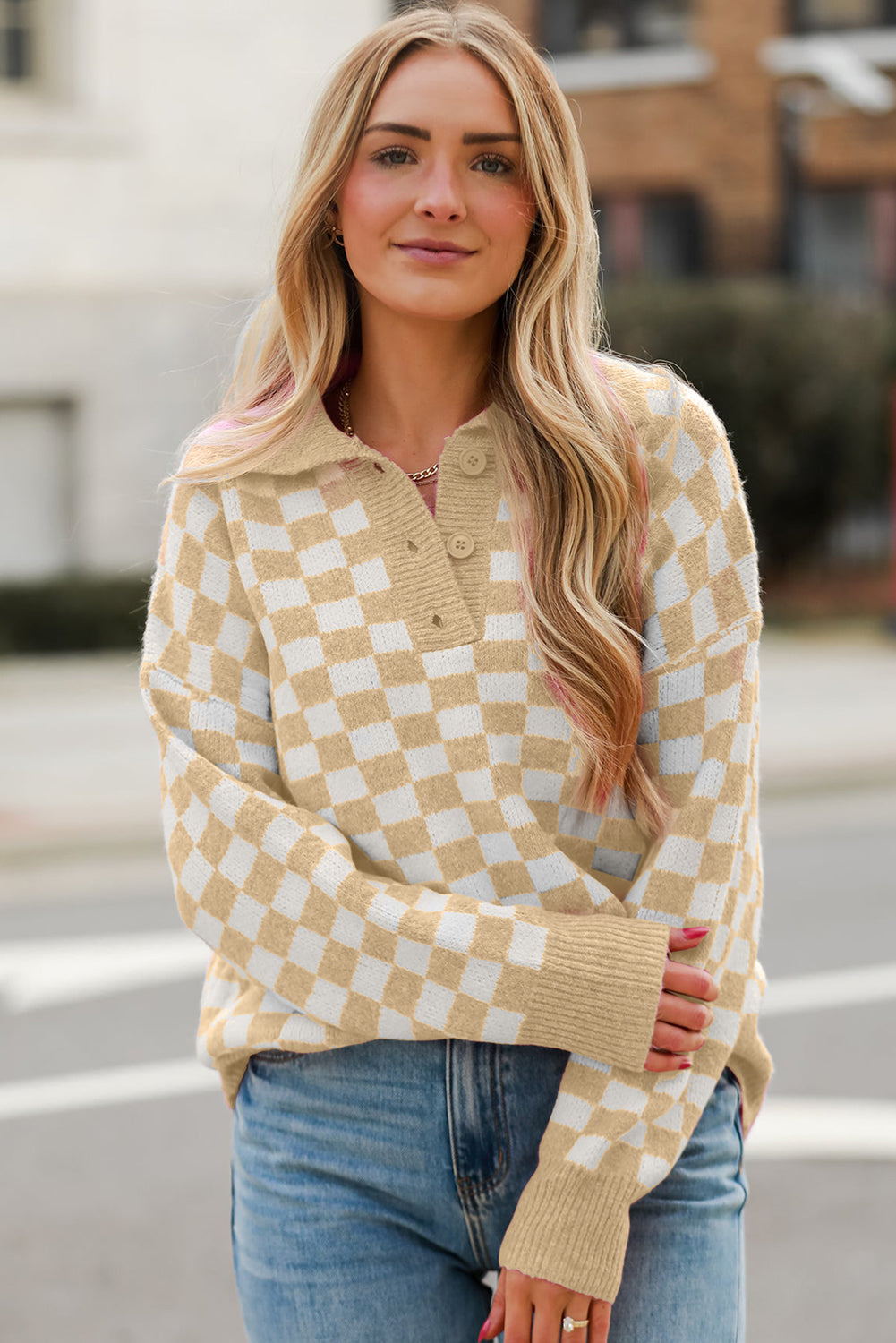 Checkered Collared Neck Long Sleeve Sweater | Sweater Weather | Checkered Print