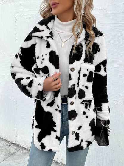 Cow Print Collared Neck Button Up Fuzzy Jacket | Winter Fashion | Trending Jackets