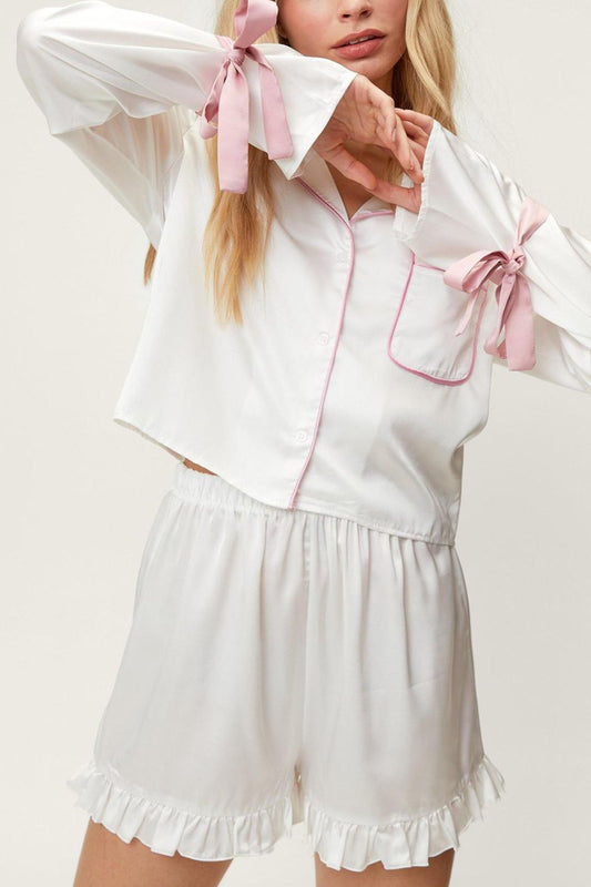 Tied Cuff Collared Neck Top and Frill Shorts Lounge Set | Loungewear | Pajamas