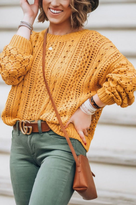 Mustard Openwork Round Neck Drop Shoulder Sweater | Sweater Weather