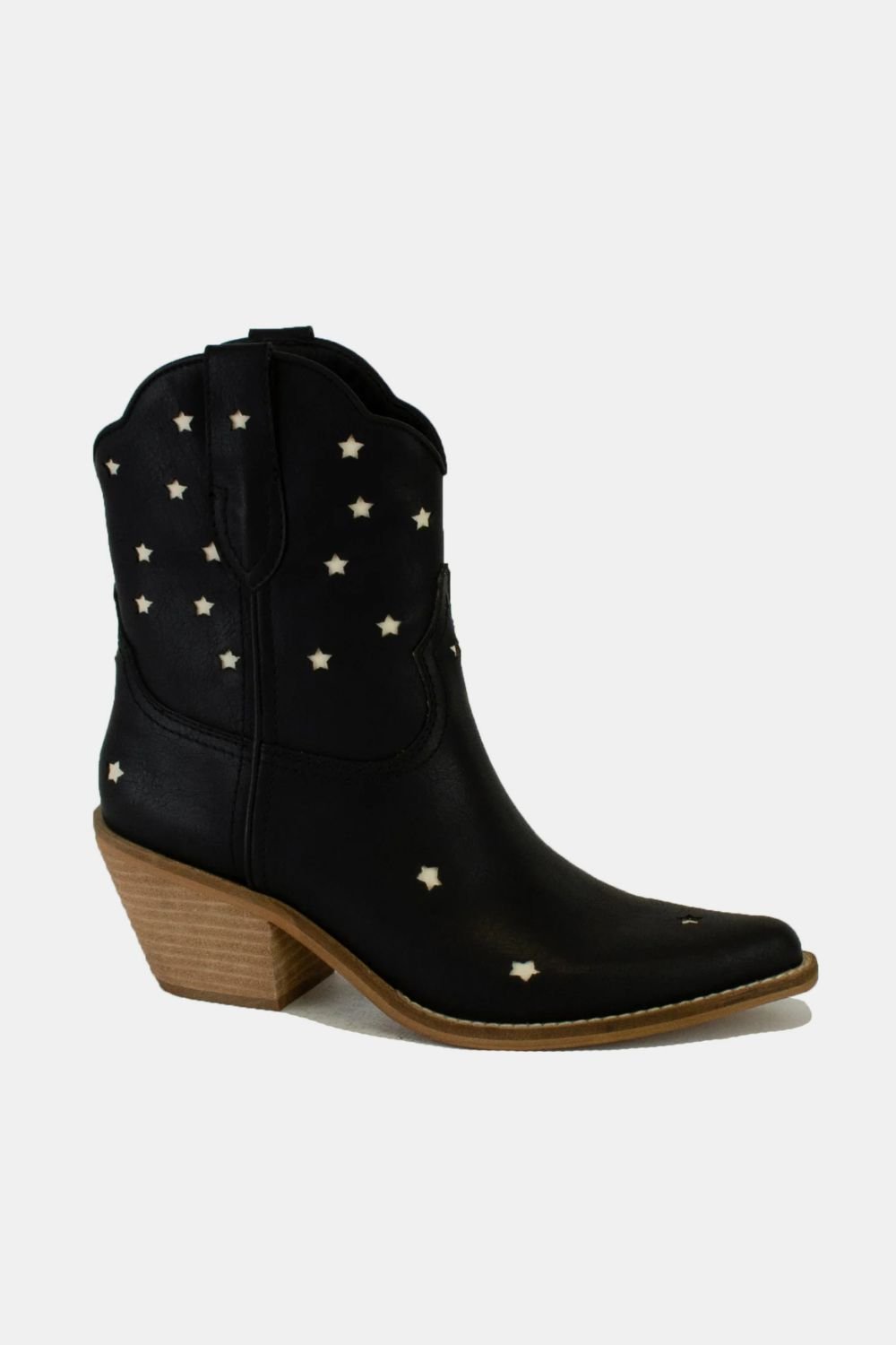 Black Faux Leather Star - Shaped Cutouts Point Toe Ankle Boots - Wander Free Boutique - Black Faux Leather Star - Shaped Cutouts Point Toe Ankle Boots