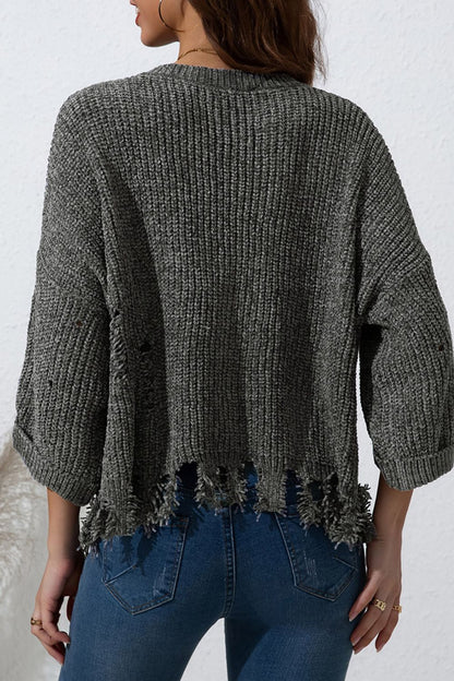 Distressed Round Neck Drop Shoulder Sweater | Oversized Sweaters | Cozy Weather