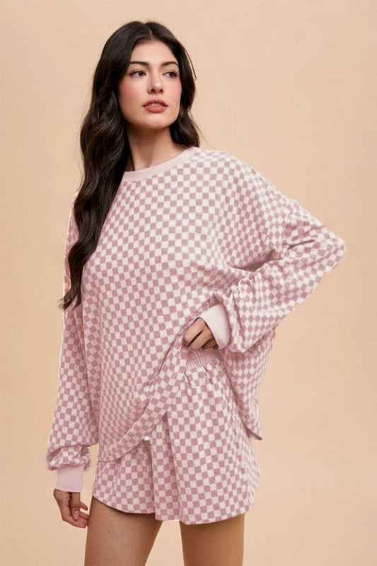 Checkered Round Neck Top and Drawstring Shorts Set | Loungewear