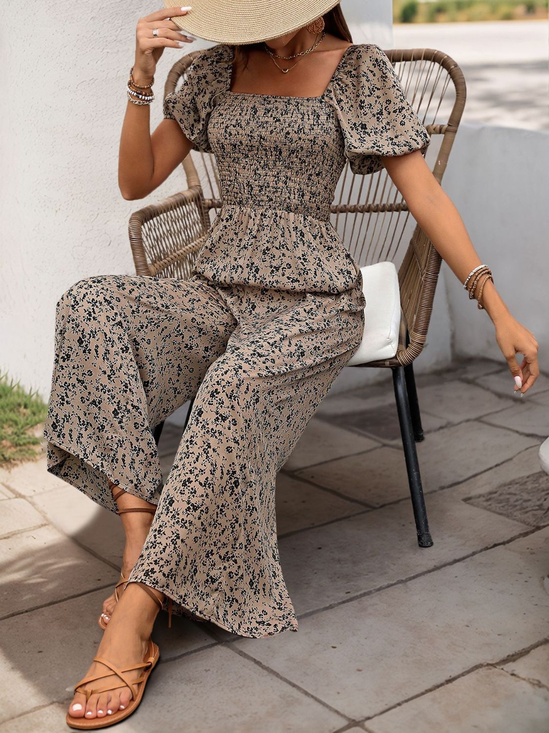 Beige Smocked Printed Square Neck Puff Sleeve Jumpsuit | Spring Outfits