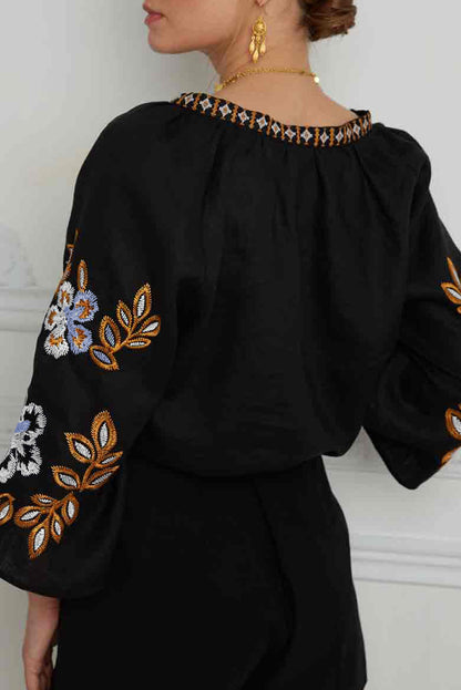 Black Embroidered V-Neck Three-Quarter Sleeve Blouse | Spring Blouses