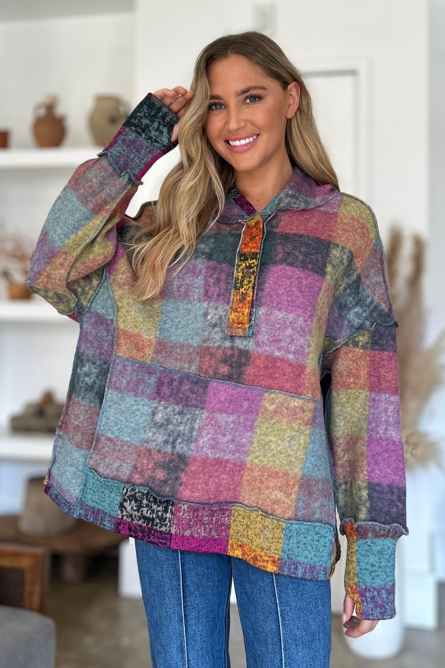 Multicolor Plaid Dropped Shoulder Hoodie