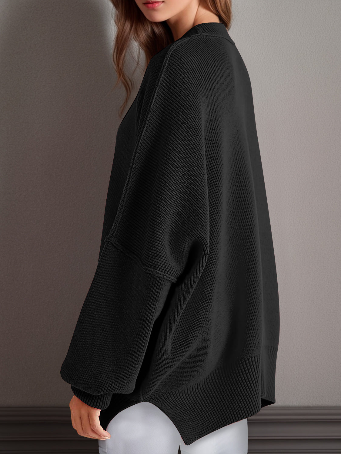 Oversized Side Slit Round Neck Long Sleeve Sweater