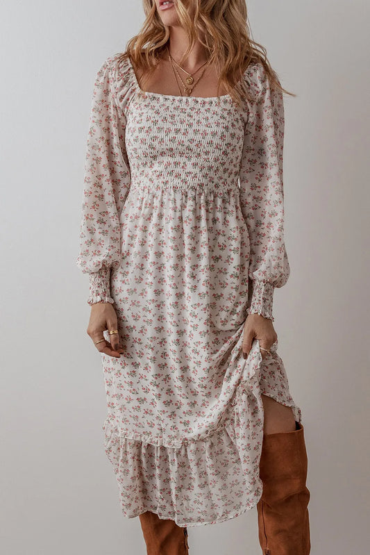 Smocked Floral Square Neck Long Sleeve Midi Dress | Milkmaid Dress | Summer Dress |