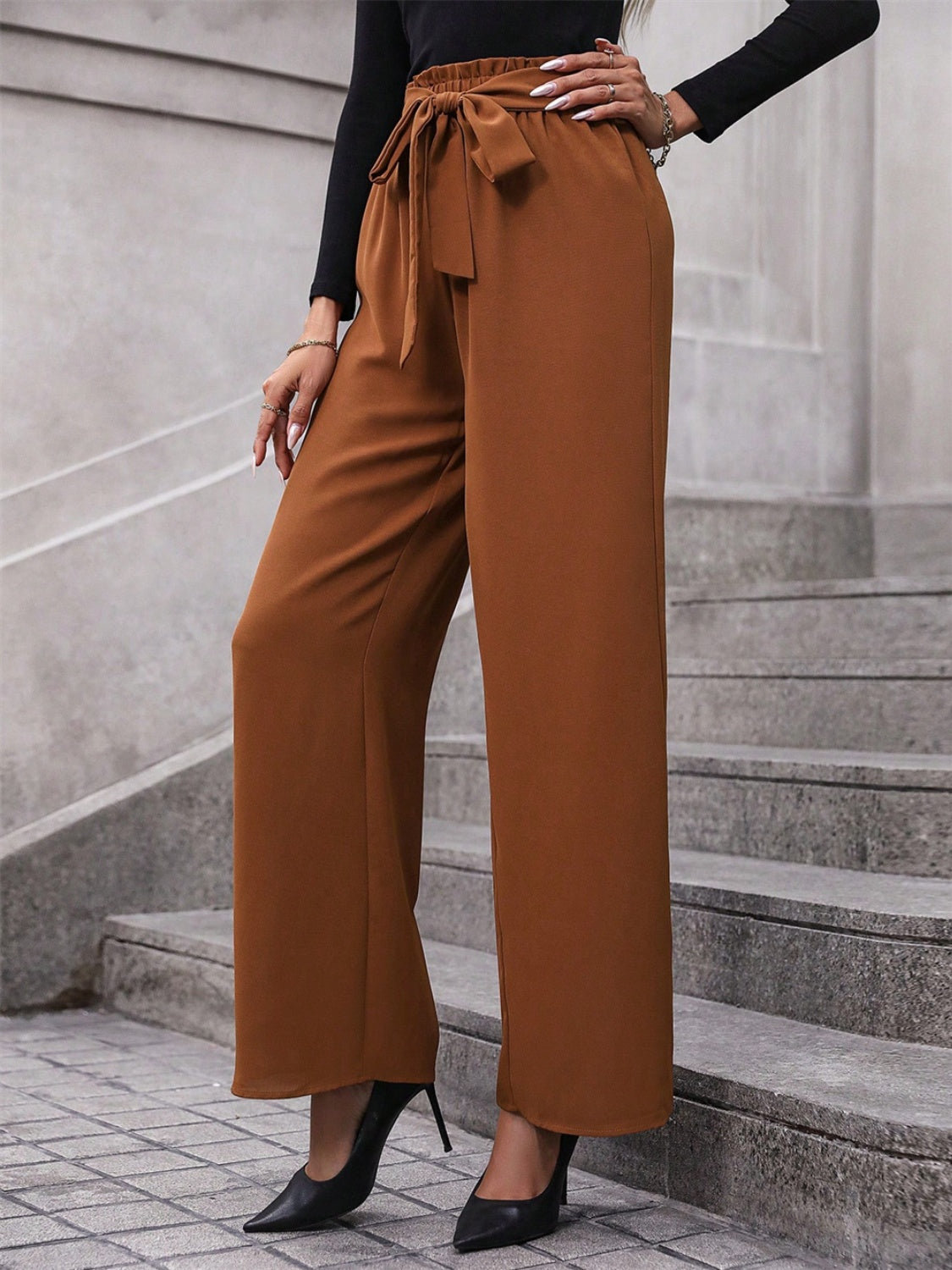 Tied Caramel Colored Wide Leg Pants