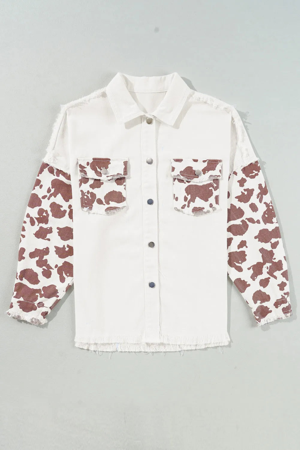 Raw Hem Animal Print Long Sleeve Denim Jacket | Trending Outerwear | Fall Fashion