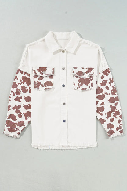 Raw Hem Animal Print Long Sleeve Denim Jacket | Trending Outerwear | Fall Fashion