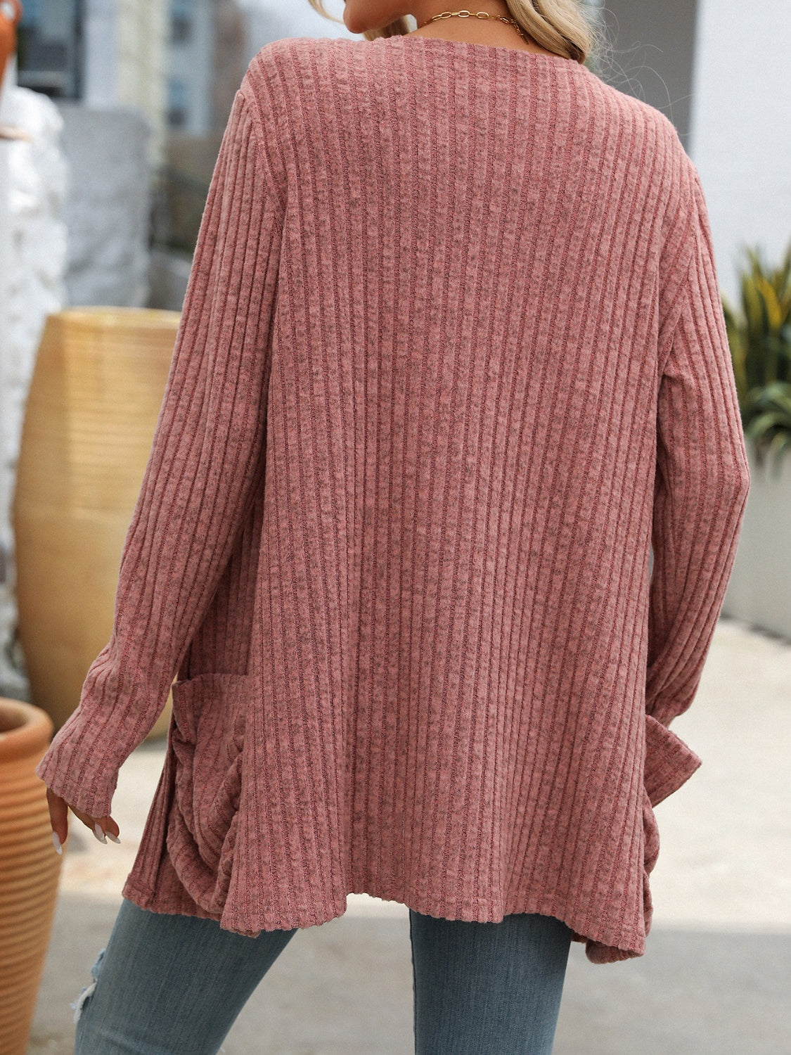 Open Front Long Sleeve Ribbed Cardigan with Pockets