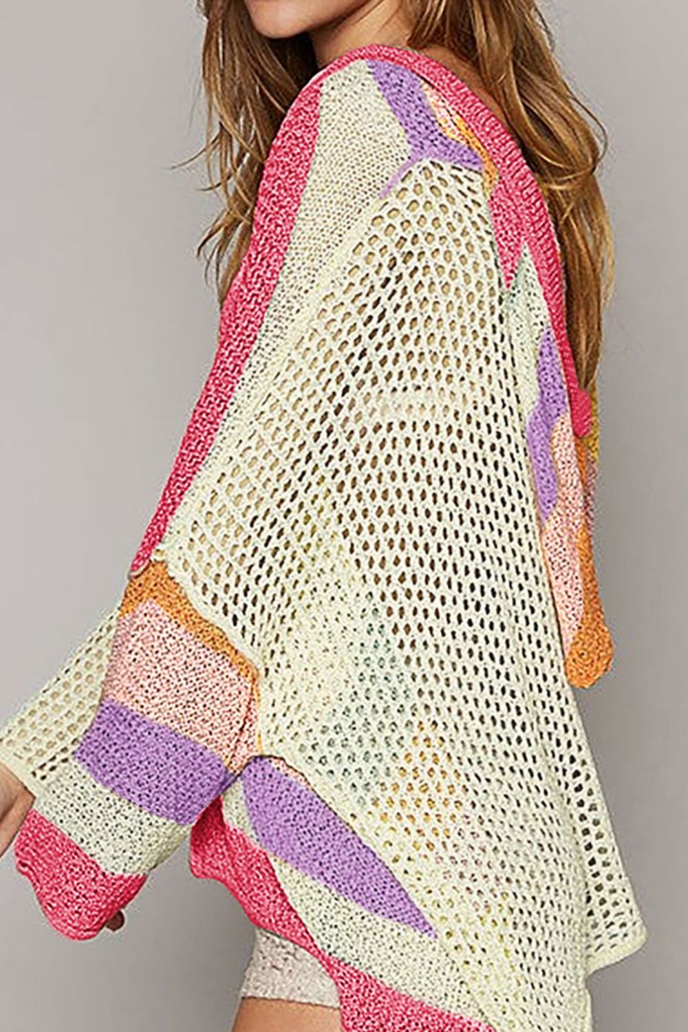 Openwork Color Block Hooded Light Sweater | Light Hoodie