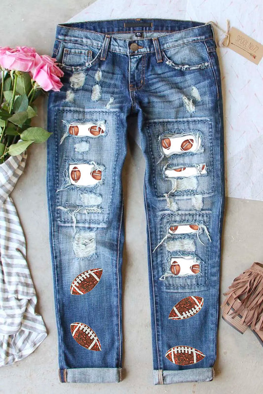 Distressed Football Sequin Straight Leg Jeans