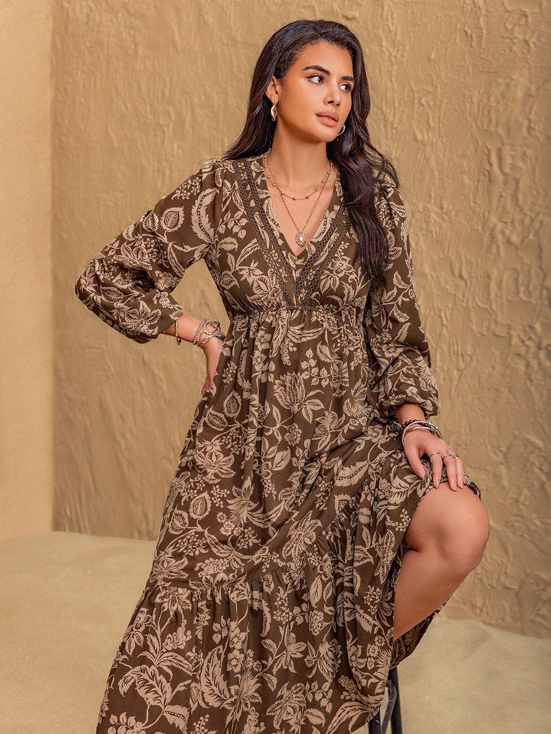 Ruched Printed V-Neck Long Sleeve Midi Dress | Fall Dresses | Cozy Dresses