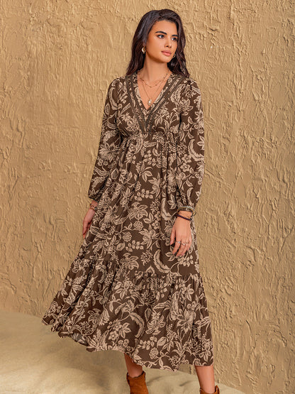 Ruched Printed V-Neck Long Sleeve Midi Dress | Fall Dresses | Cozy Dresses