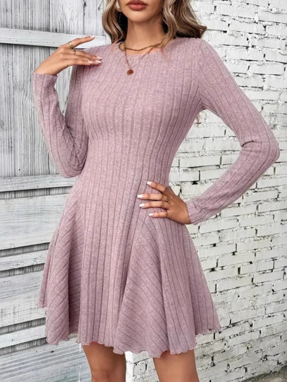 Dusty Pink Ribbed Round Neck Long Sleeve Mini Dress | Casual Dresses