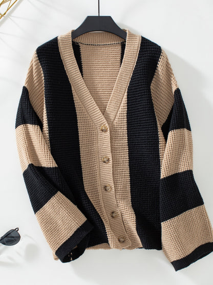 Waffle-Knit V-Neck Striped Long Sleeve Cardigan | Winter Fashion