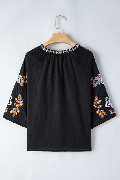 Black Embroidered V-Neck Three-Quarter Sleeve Blouse | Spring Blouses