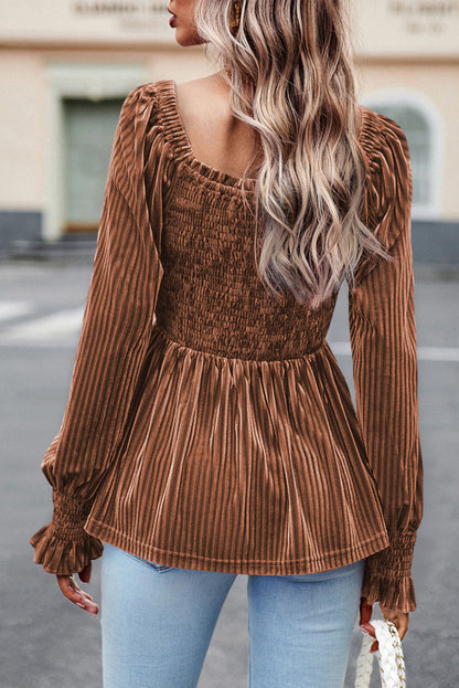 Smocked Ribbed Velvet Babydoll Top | Winter Fashion | Winter Blouses