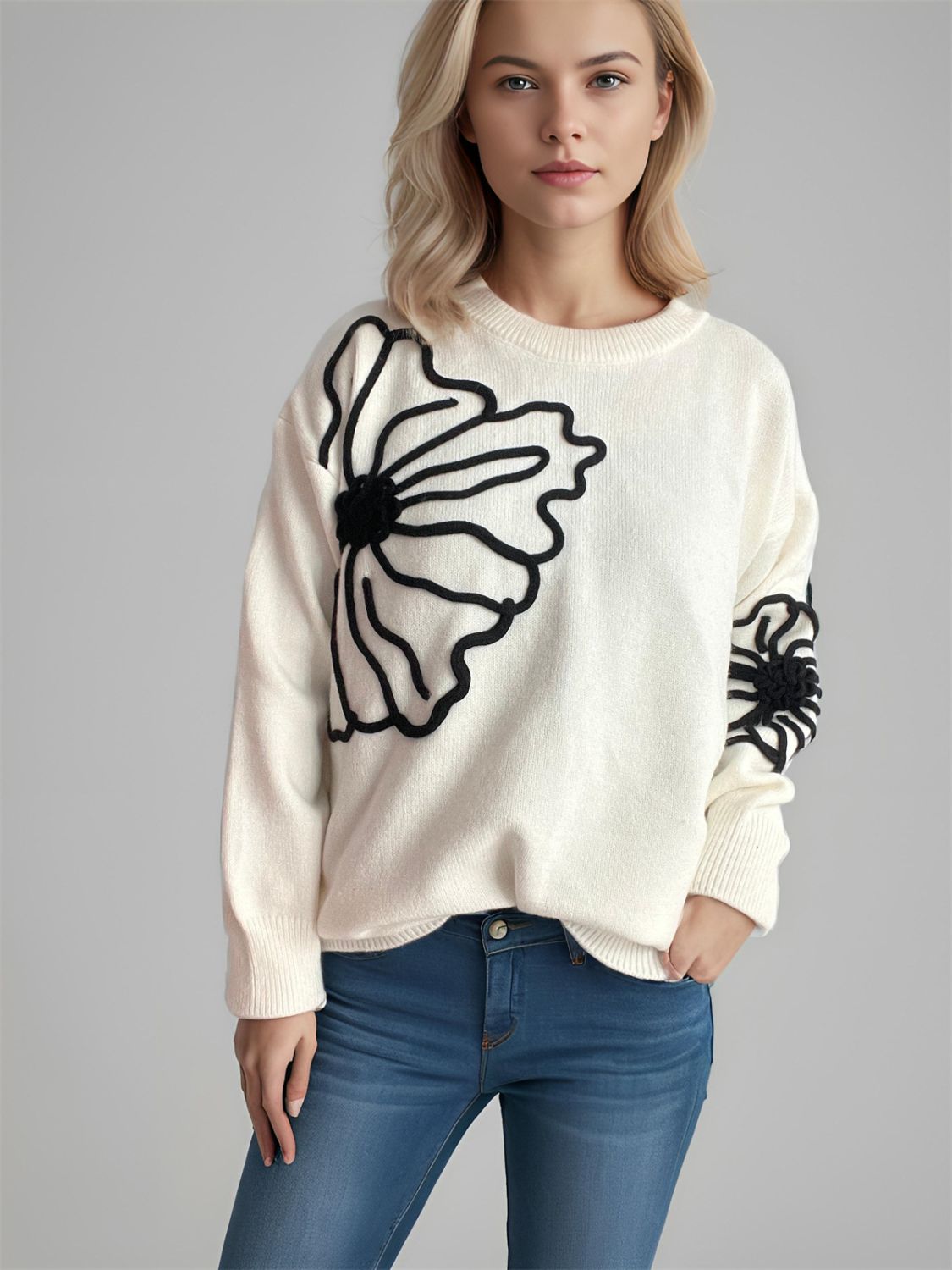 Flower Round Neck Long Sleeve Sweater | Winter Fashion