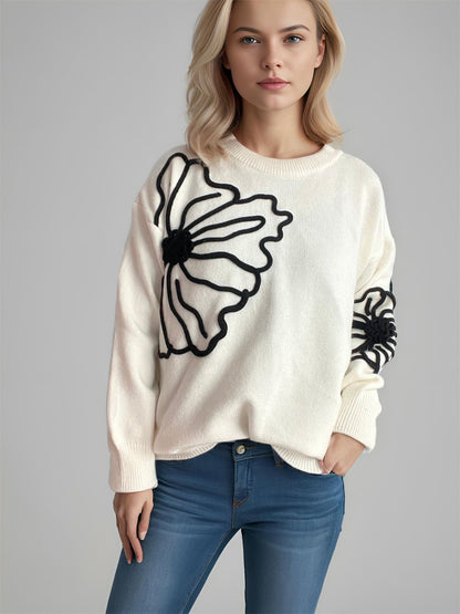 Flower Round Neck Long Sleeve Sweater | Winter Fashion