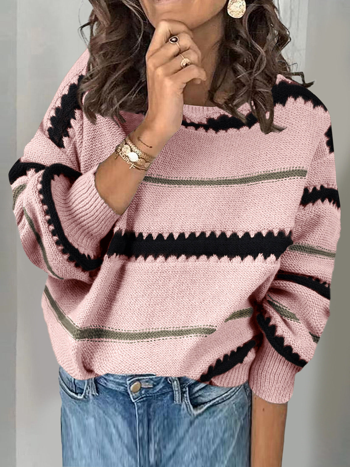 Contrast Striped Round Neck Long Sleeve Sweater | Winter Fashion