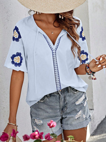 Embroidered Flower Tie Neck Puff Sleeve Blouse | Spring Blouses | Summer Blouses