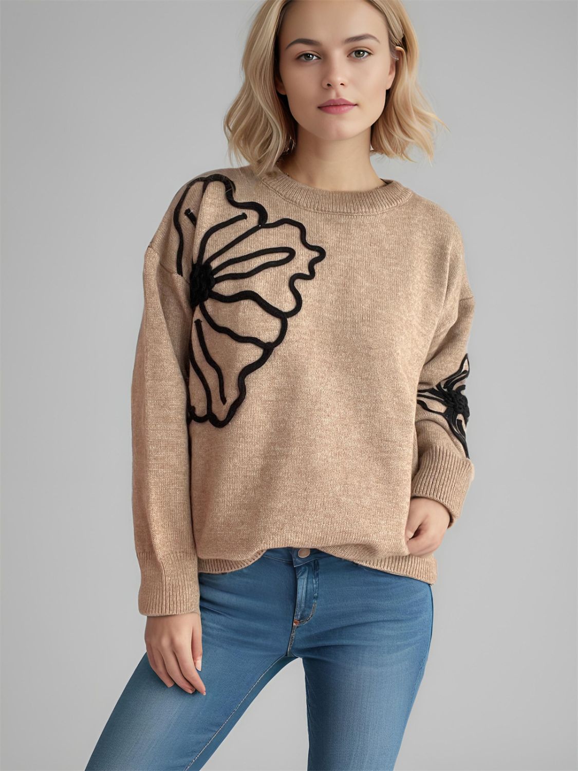 Flower Round Neck Long Sleeve Sweater | Winter Fashion