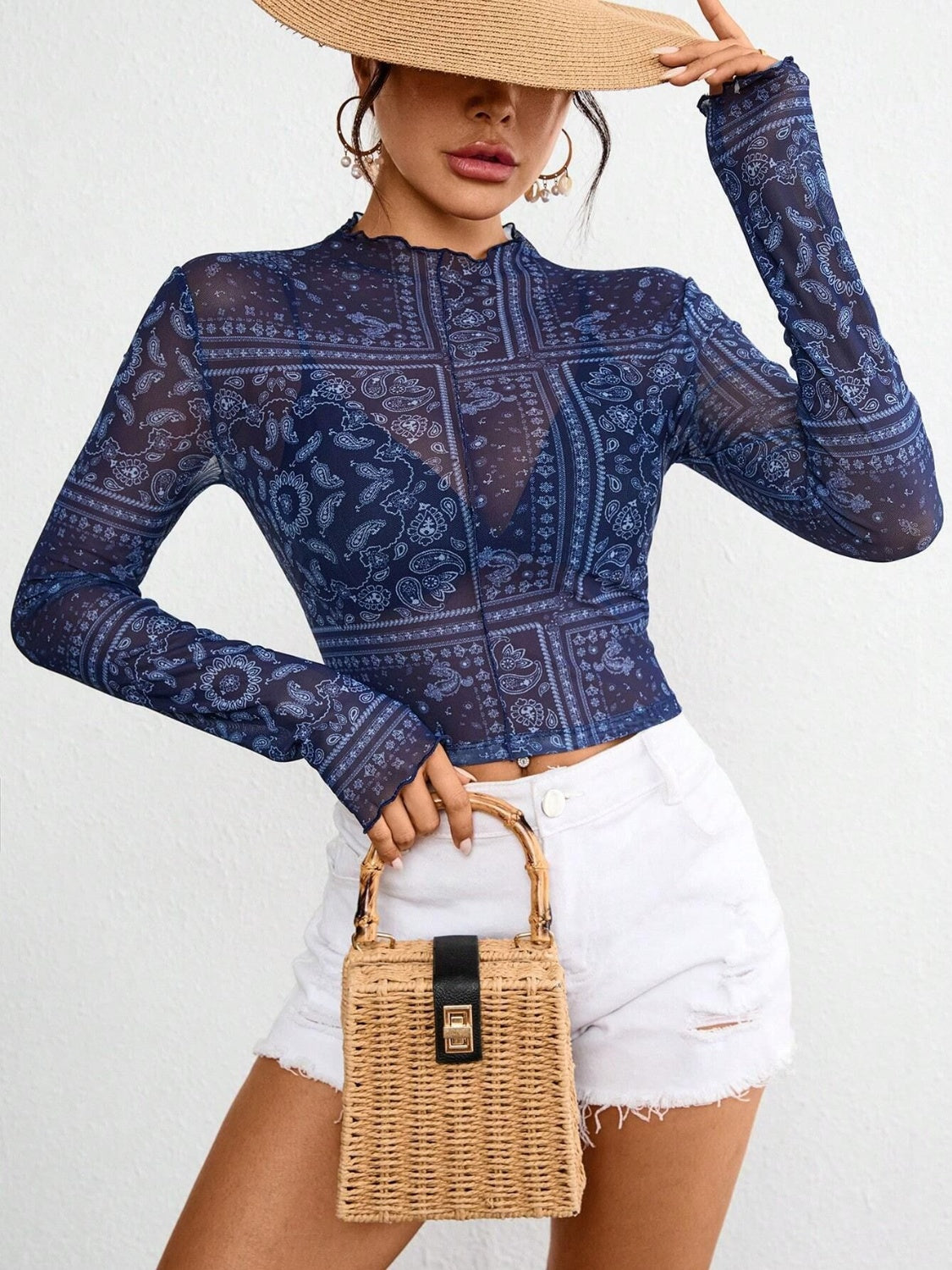 Navy Paisley Mock Neck Long Sleeve Sheer Top | Spring Blouse