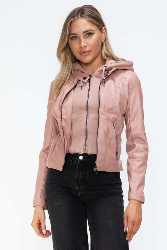 Synthetic Leather Biker Jacket with Side Zip Pockets | Winter Jacket | Drawstring Hooded Jacket