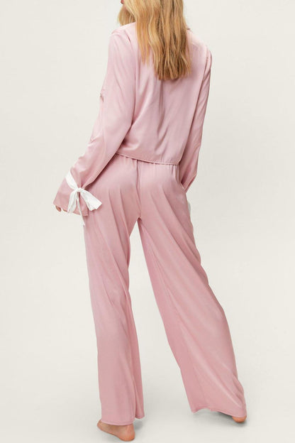 Tied Cuff Collared Neck Top and Pants Lounge Set | Loungewear | Pajama Sets