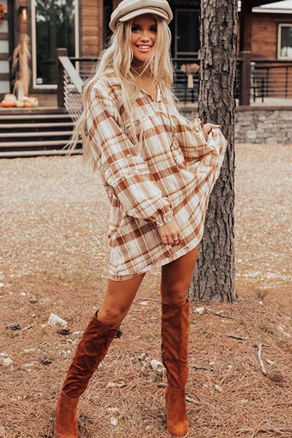 Plaid Collared Neck Long Sleeve Mini Shirt Dress | Casual Shirt Dress