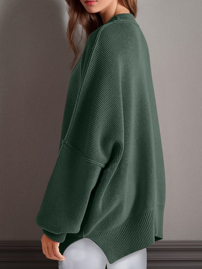 Oversized Side Slit Round Neck Long Sleeve Sweater