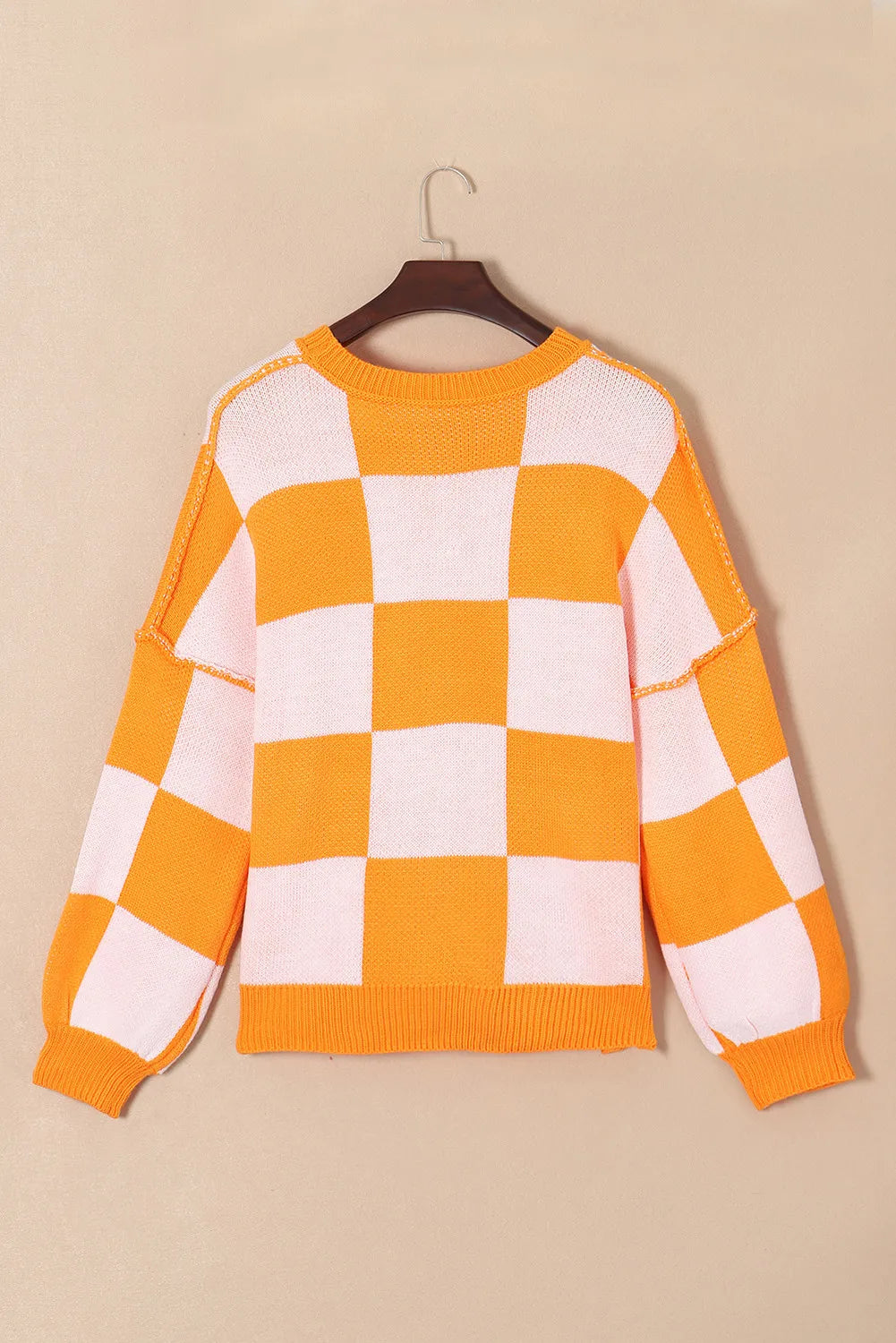 Pumpkin Checkered Round Neck Long Sleeve Sweater | Halloween Sweatshirt | Spooky Season